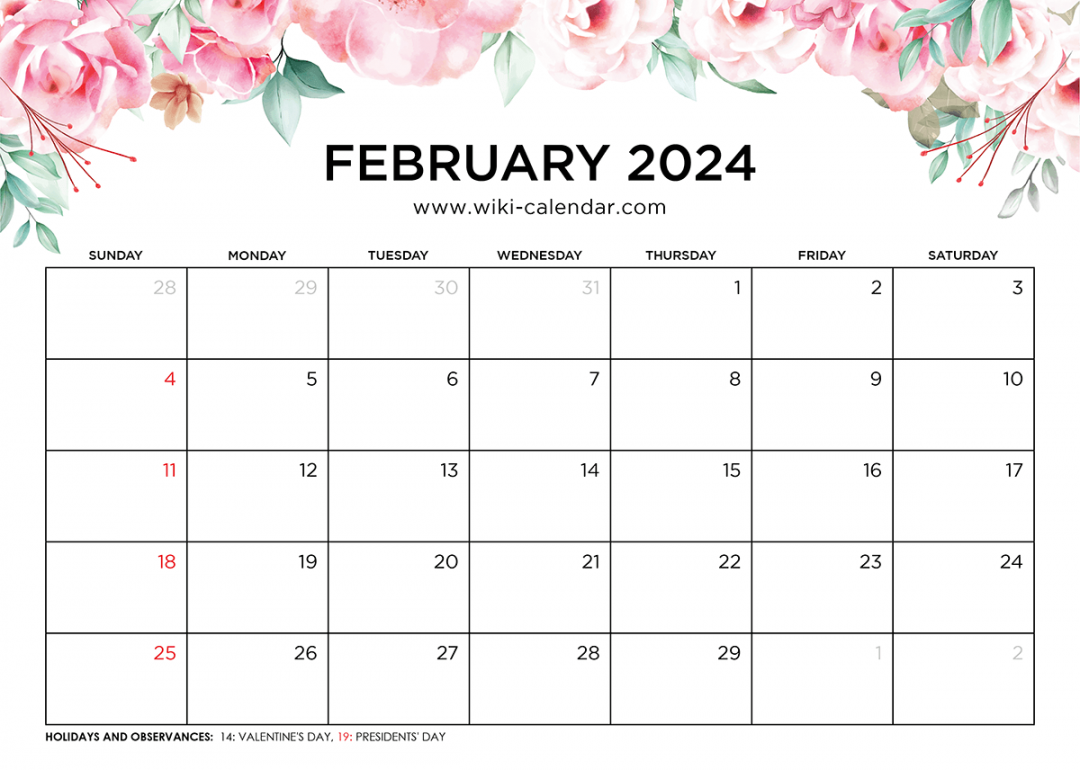 Printable February  Calendar Templates with Holidays
