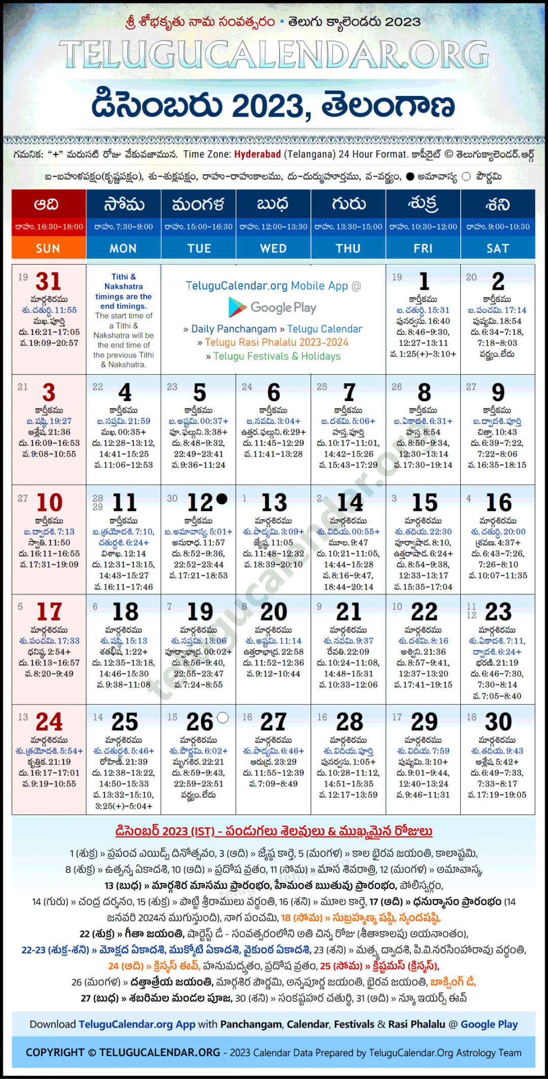 Telangana Telugu Calendar  December PDF Festivals
