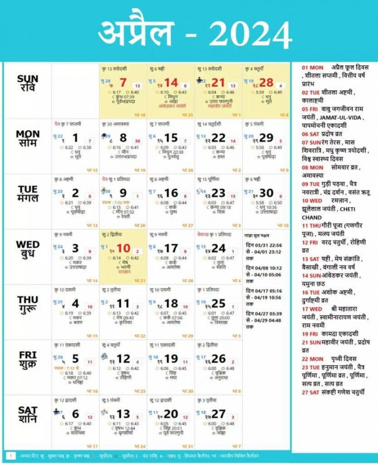 Thakur Prasad Calendar  April  अप्रैल  का