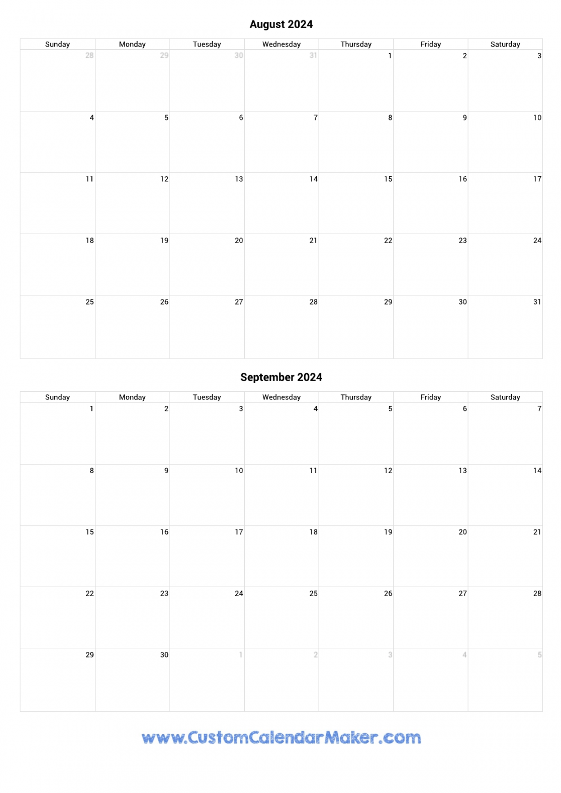 August and September  Printable Calendar Template