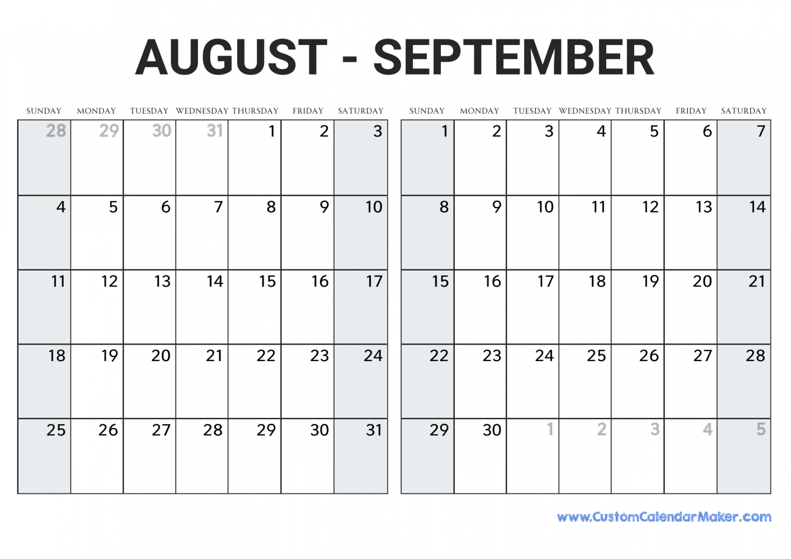 August and September  Printable Calendar Template