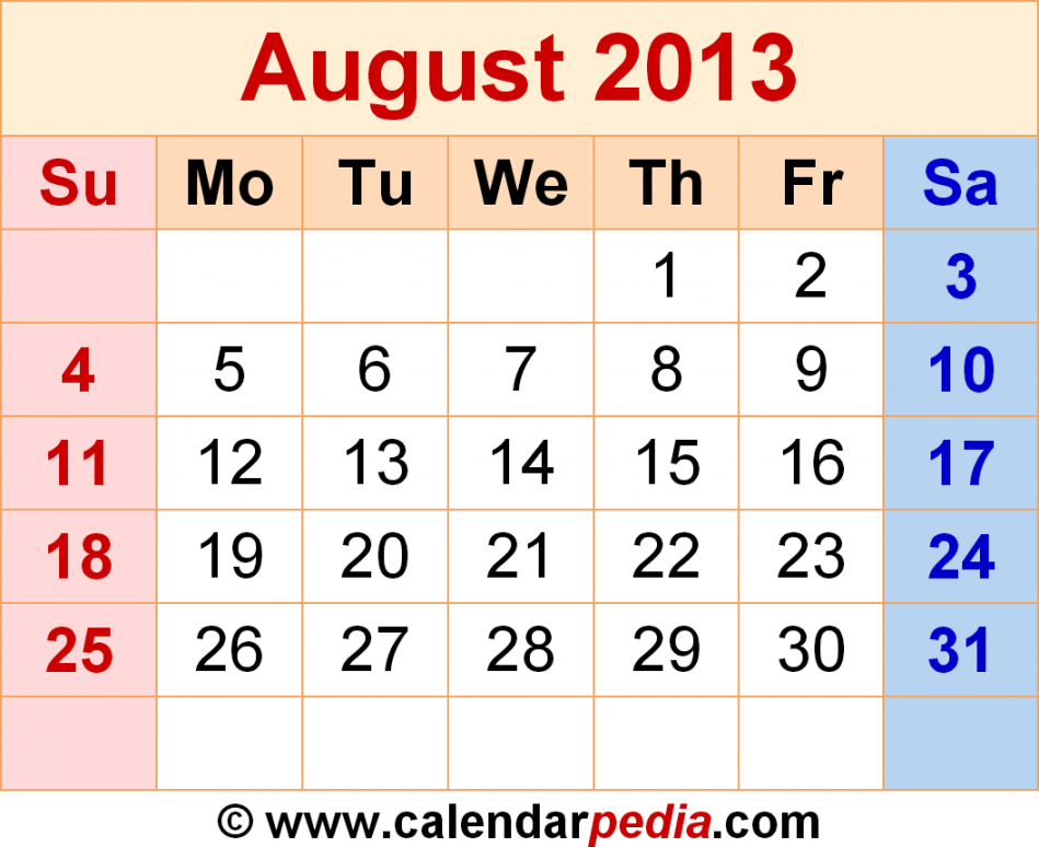 August  Calendar  Templates for Word, Excel and PDF