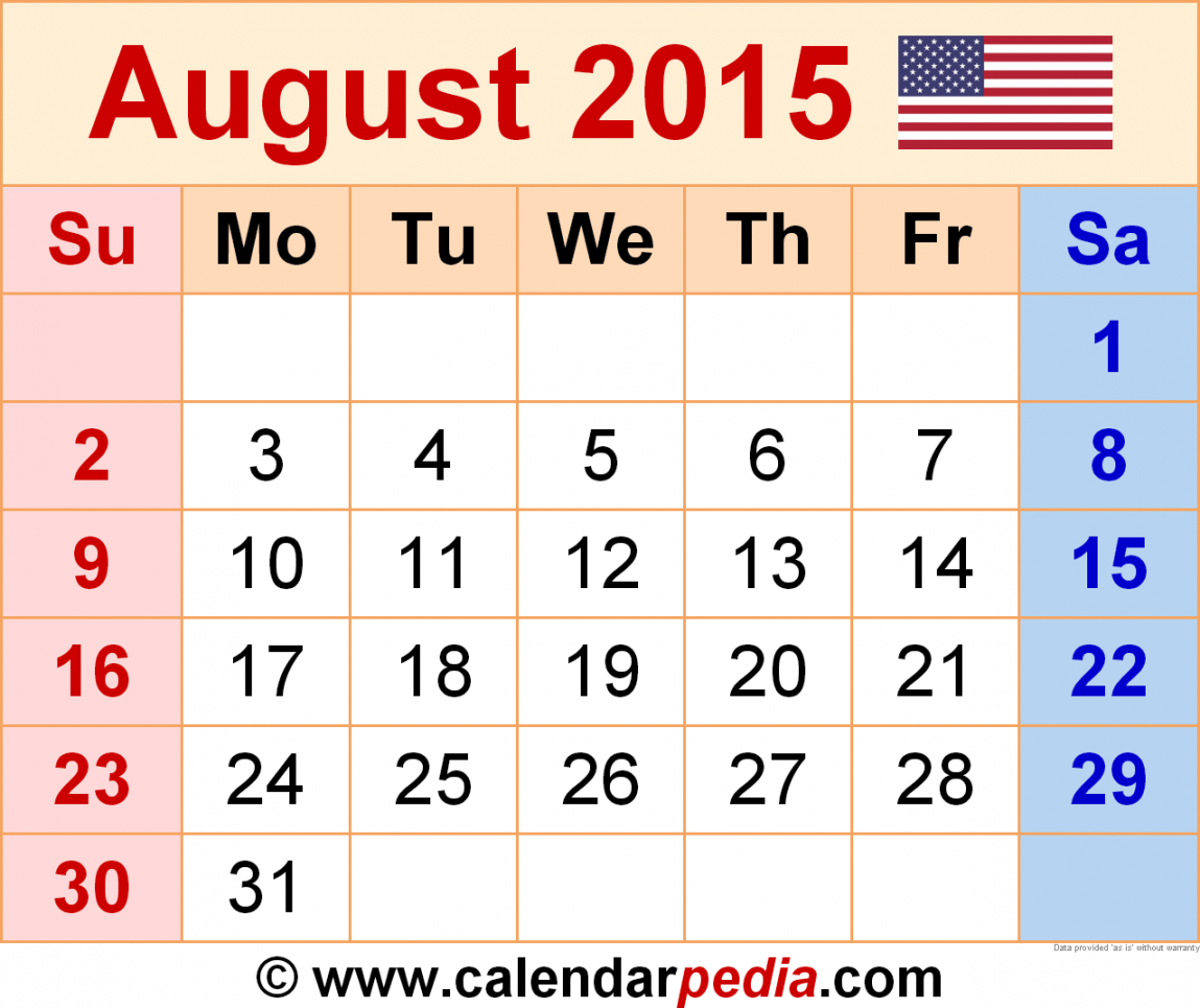 August  Calendar  Templates for Word, Excel and PDF