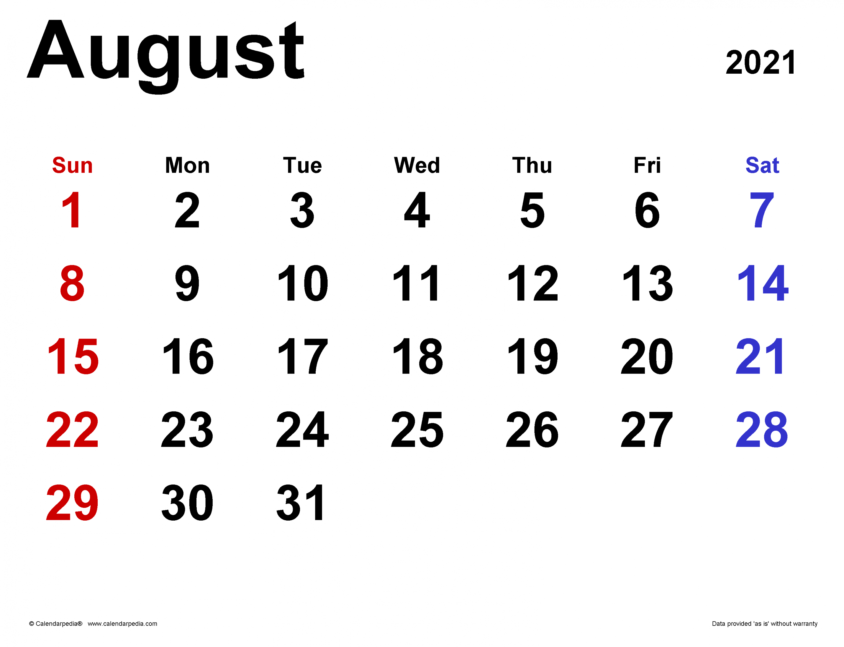 August  Calendar  Templates for Word, Excel and PDF