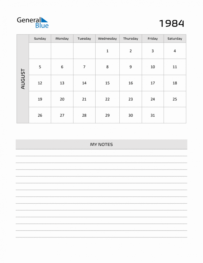 August  Printable Monthly Calendar with Notes