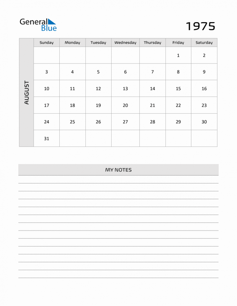 August  Printable Monthly Calendar with Notes