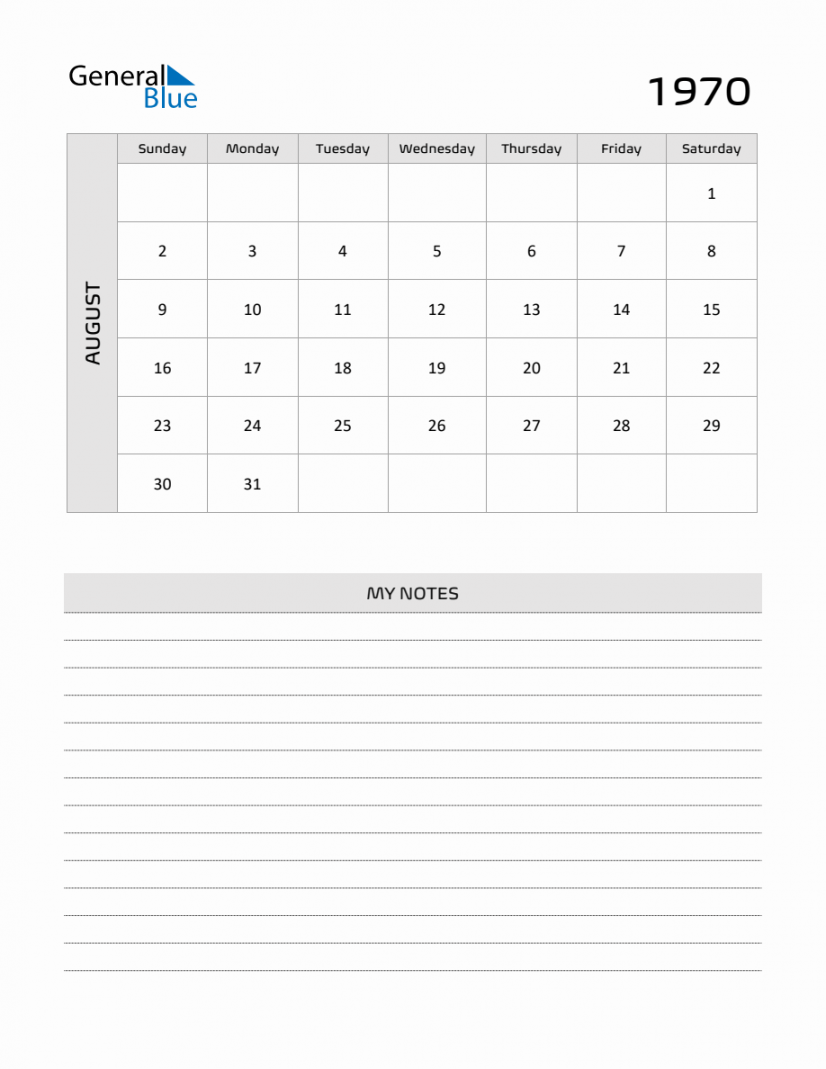 August  Printable Monthly Calendar with Notes