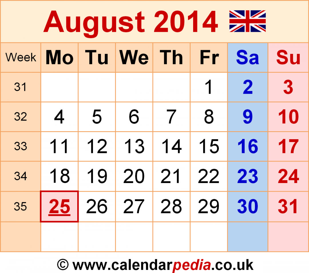 Calendar August  UK with Excel, Word and PDF templates