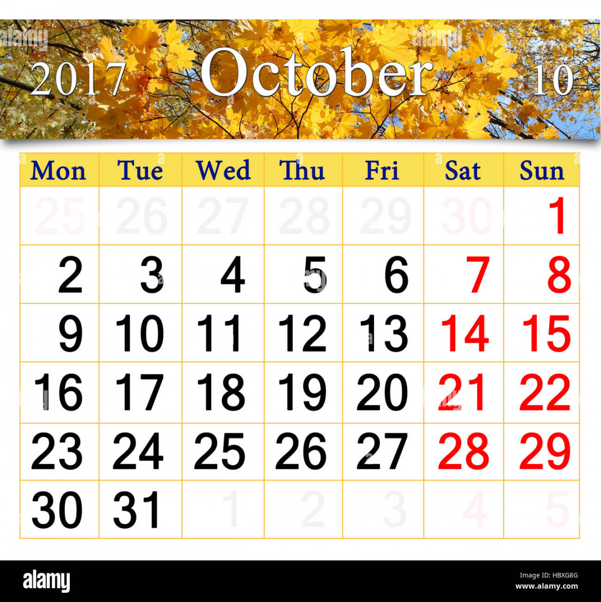 calendar for October  with yellow leaves Stock Photo - Alamy