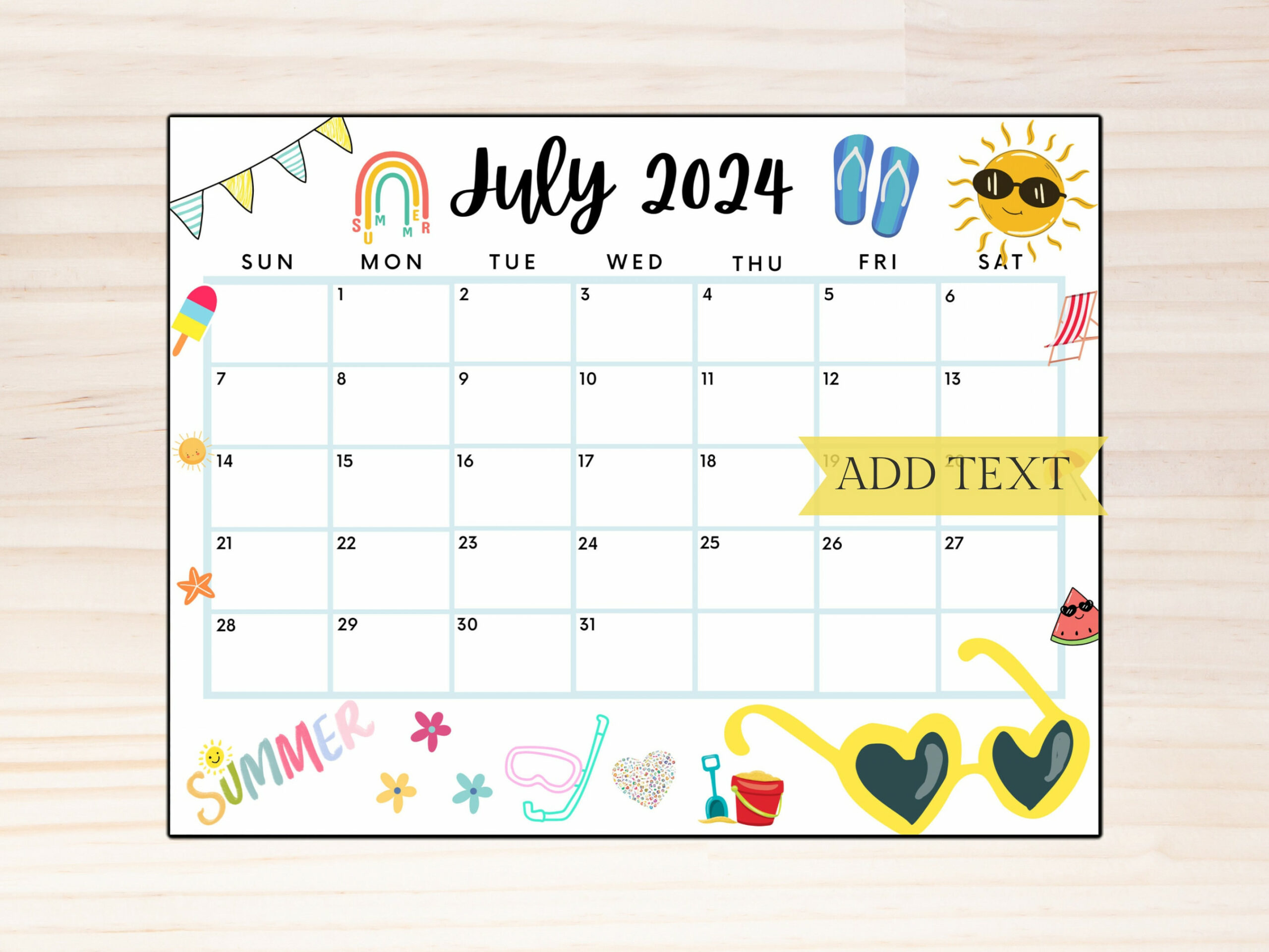 EDITABLE July  Summer Calendar, Printable July Calendar