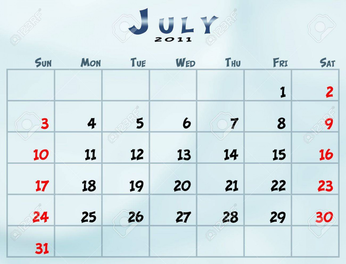July  Calendar From Sunday To Saturday Stock Photo, Picture