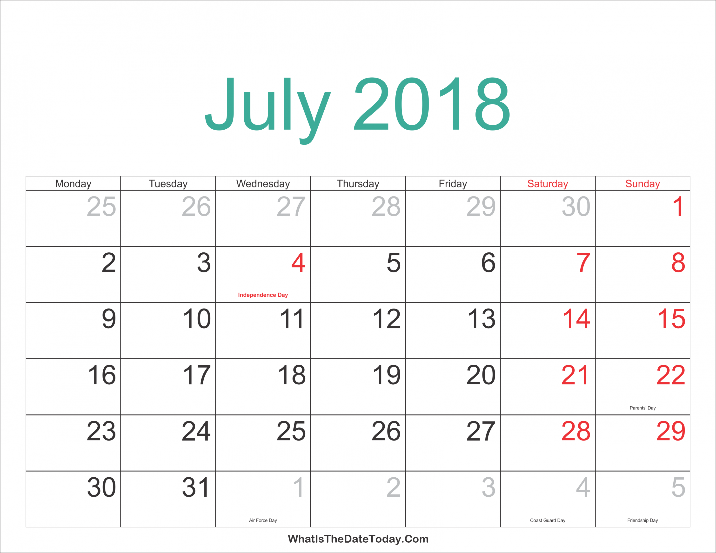 July  Calendar Printable with Holidays  Calendar march