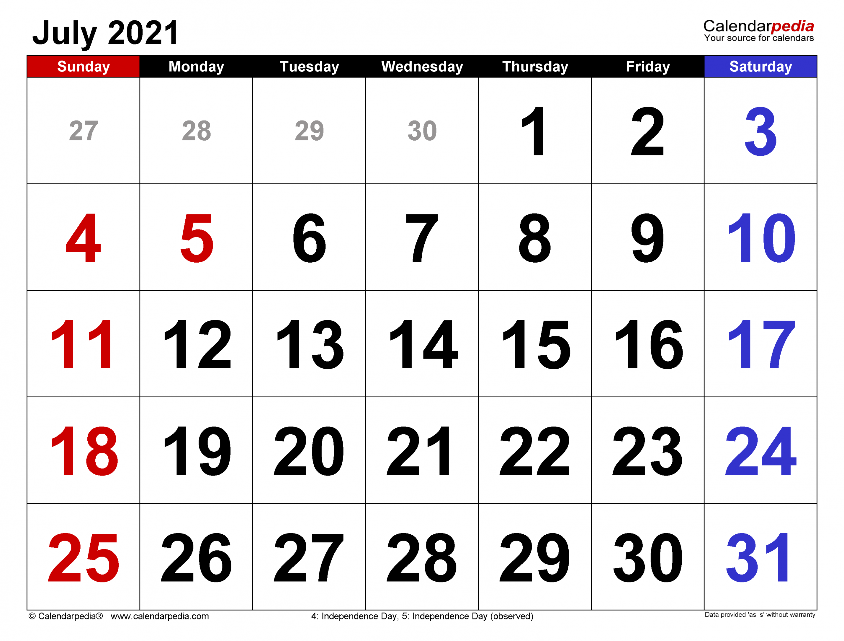 July  Calendar  Templates for Word, Excel and PDF