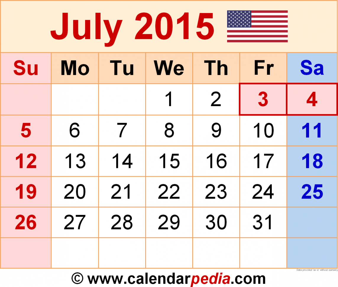 July  Calendar  Templates for Word, Excel and PDF