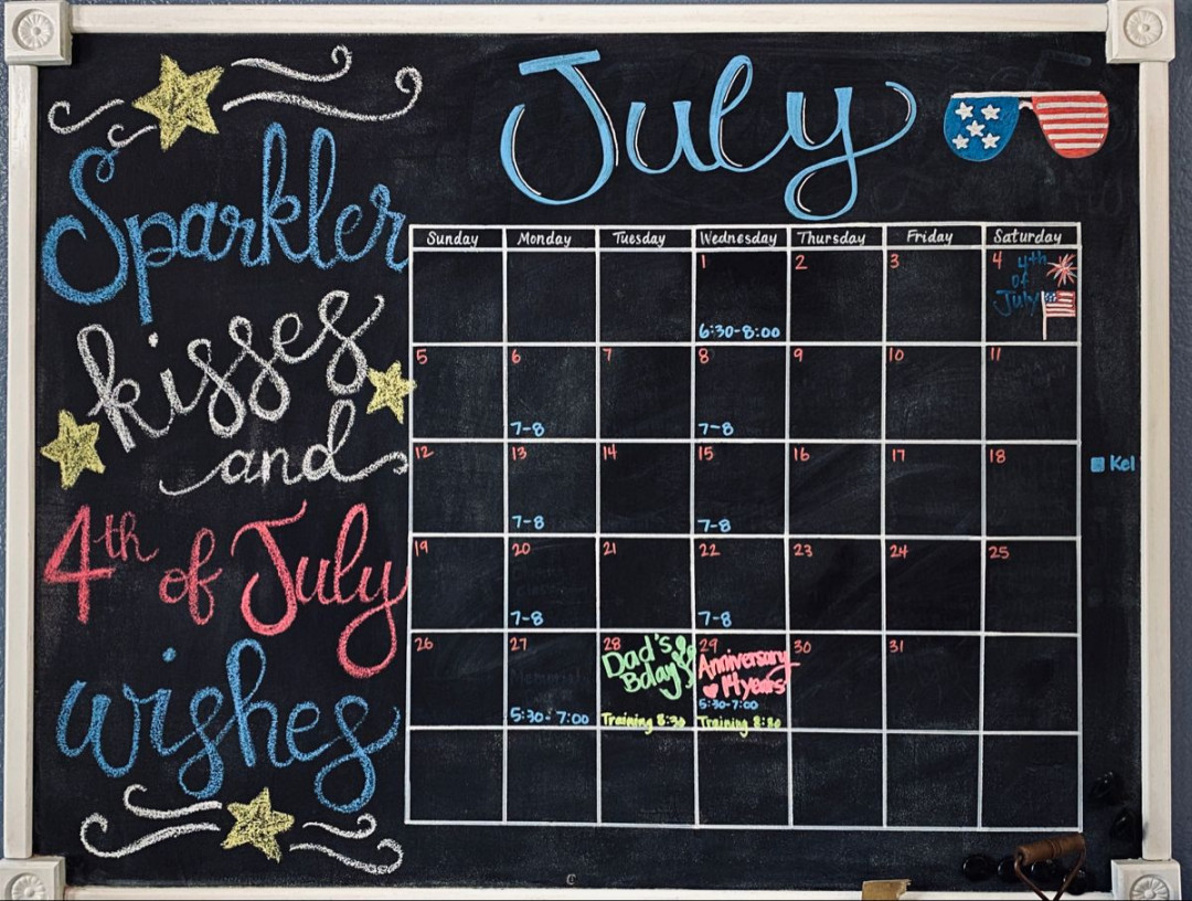 July Chalkboard Calendar   Chalkboard calendar, Whiteboard