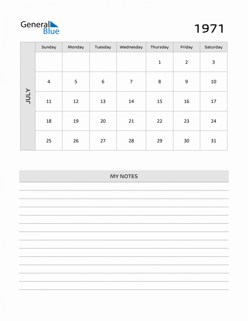 July  Printable Monthly Calendar with Notes