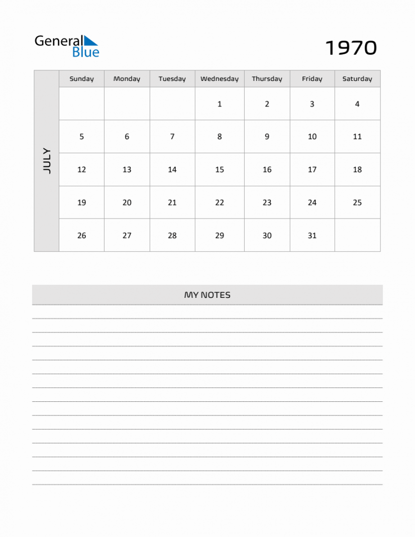 July  Printable Monthly Calendar with Notes