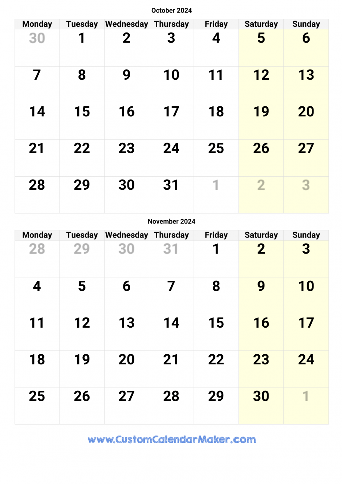 October and November  Printable Calendar Template