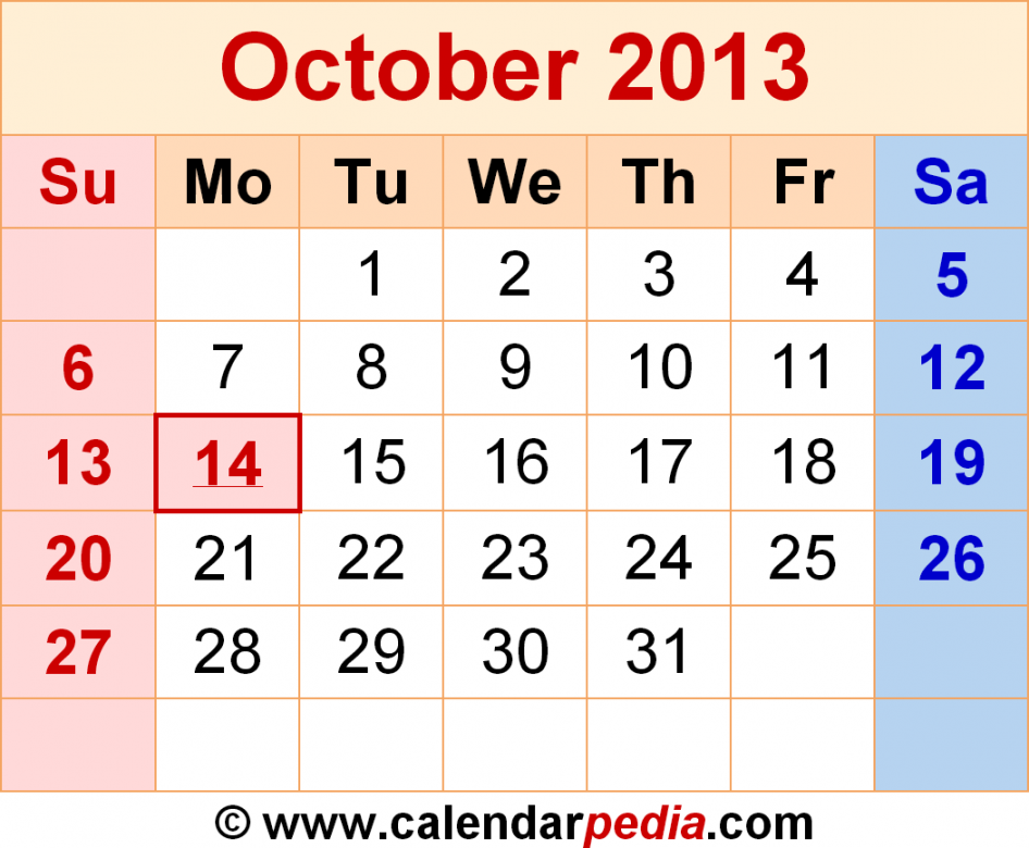 October  Calendar  Templates for Word, Excel and PDF