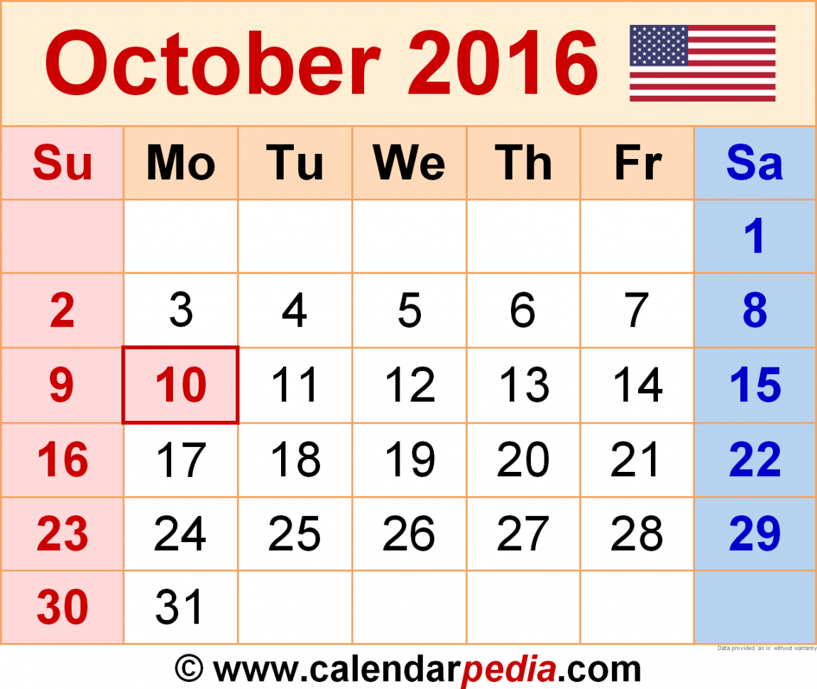 October  Calendar  Templates for Word, Excel and PDF