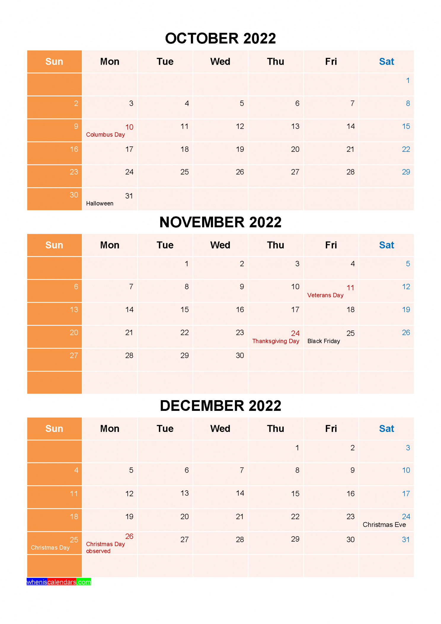 October November December  Calendar with Holidays [Four