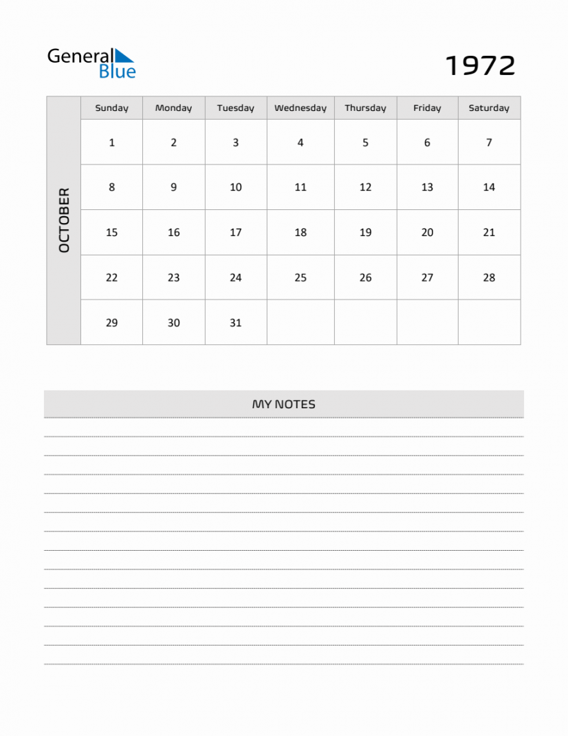 October  Printable Monthly Calendar with Notes
