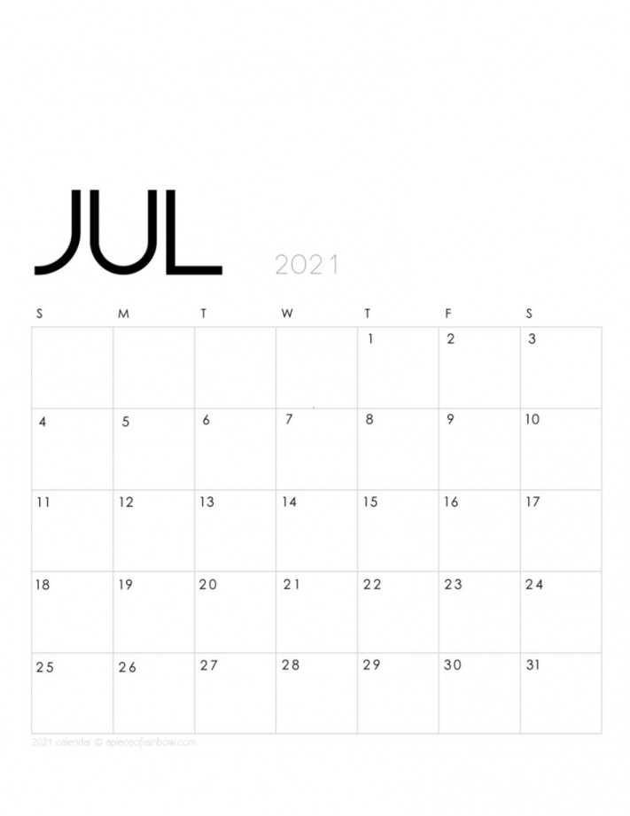 Printable July  Calendar Monthly Planner - A Piece Of Rainbow