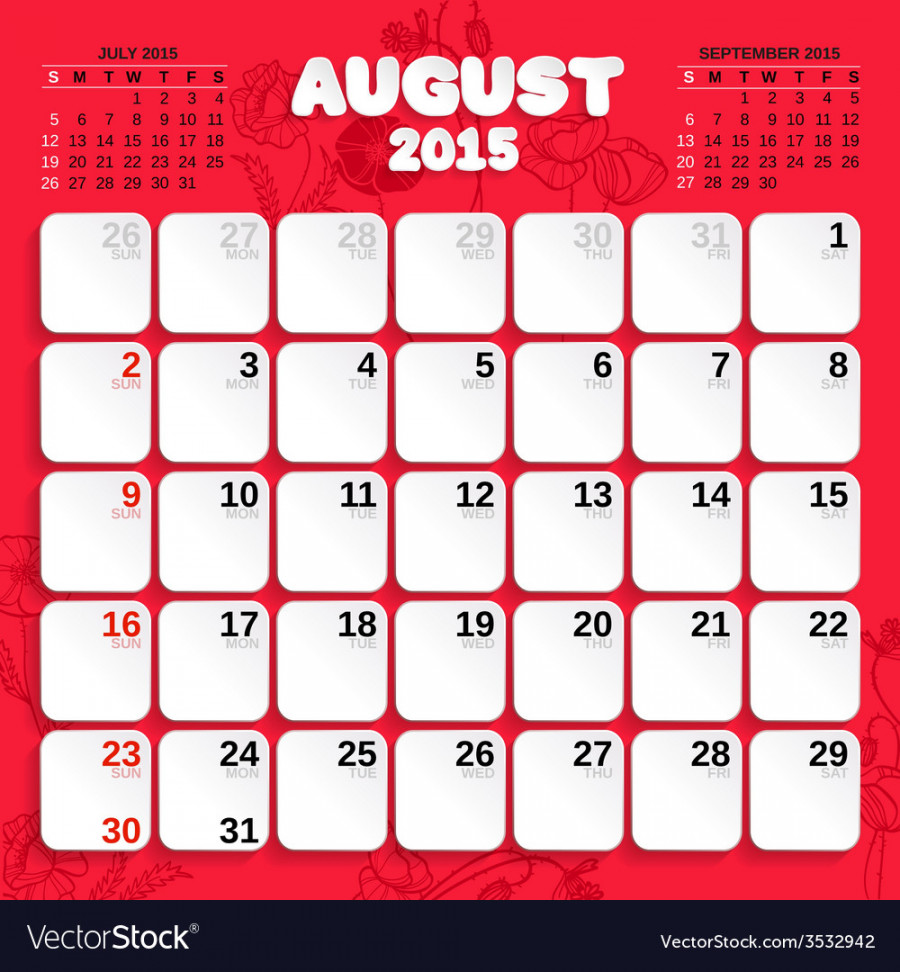 August month calendar  Royalty Free Vector Image