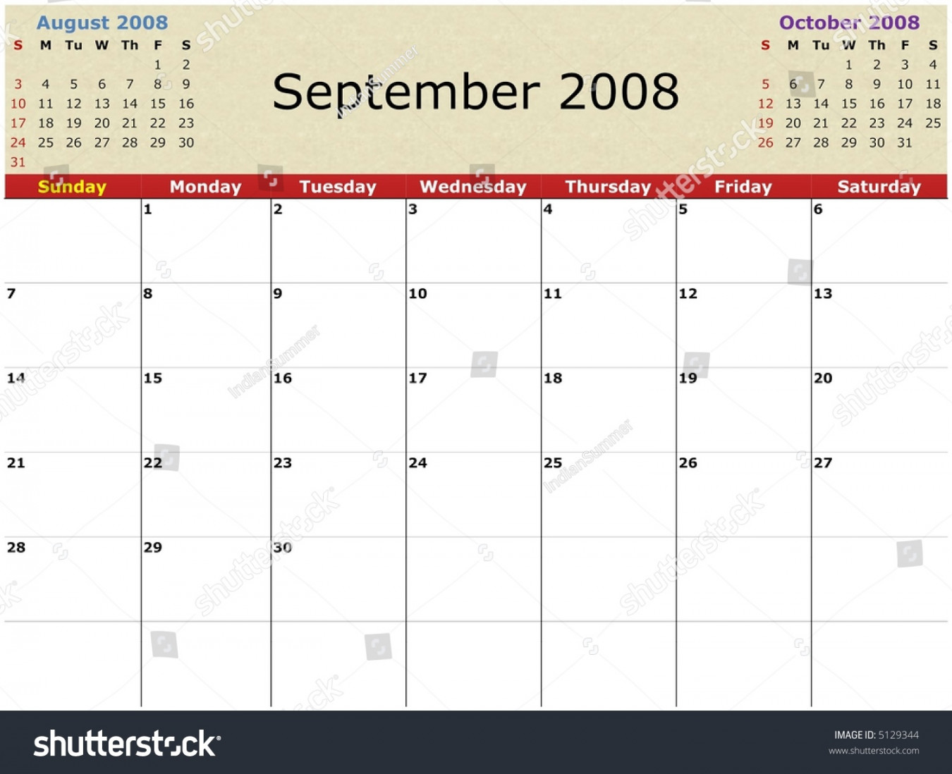 Monthly Calendar September  Previous Next Stock Illustration