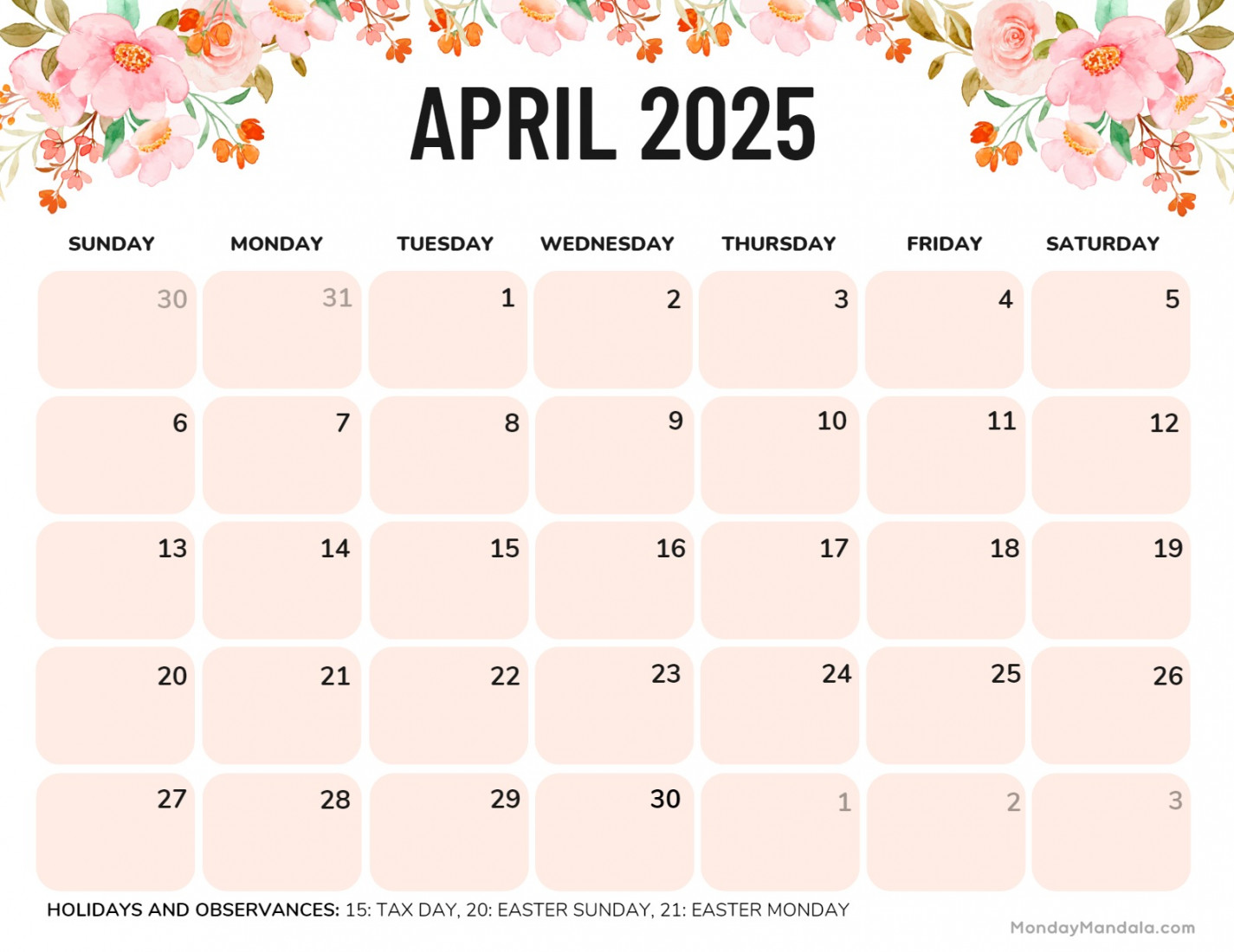 April  Calendar ( Free PDF Printables)