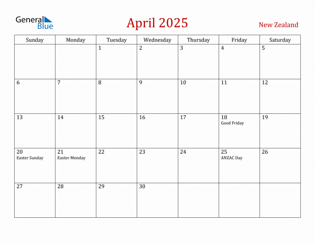 April  New Zealand Monthly Calendar with Holidays