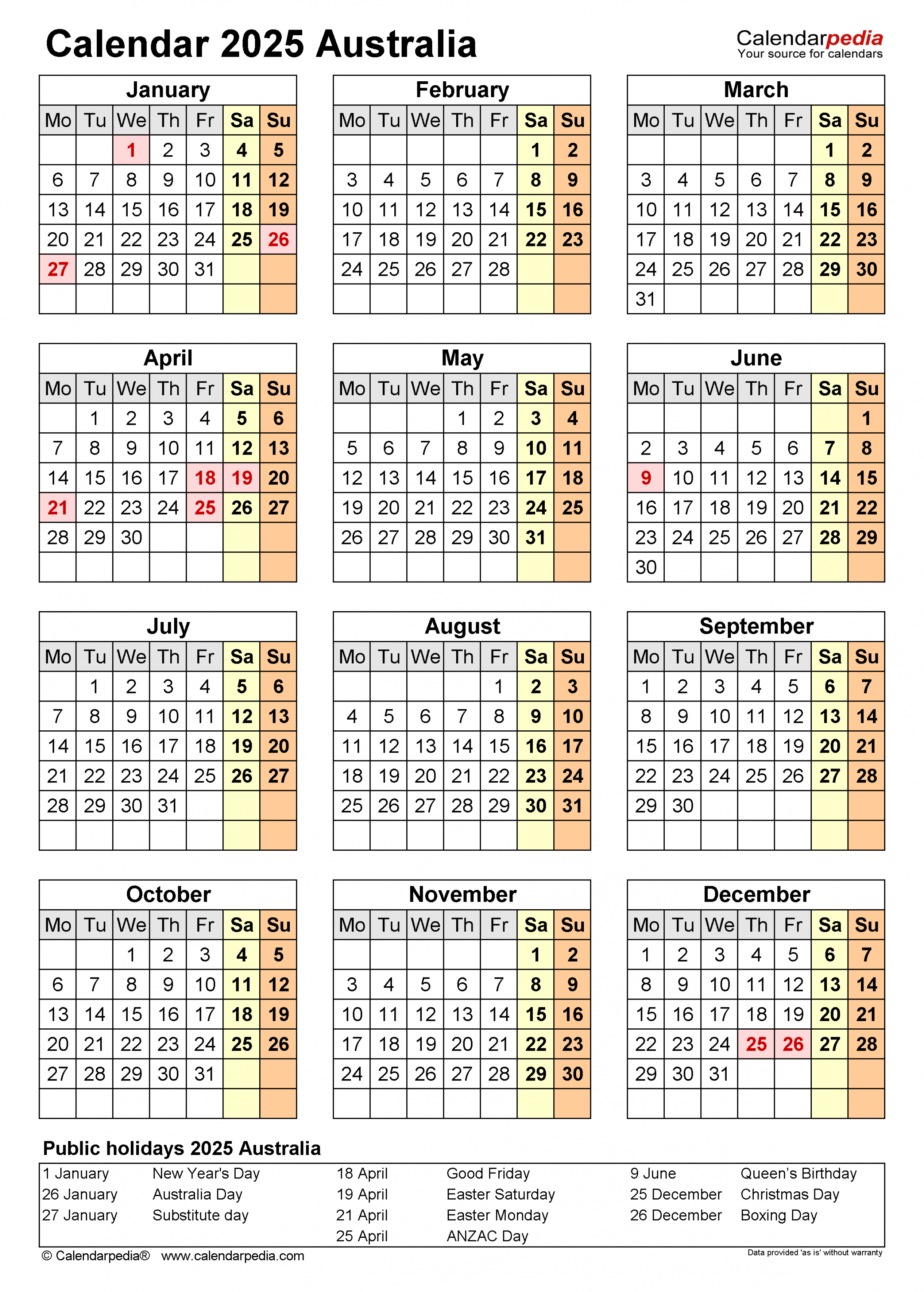 Australia Calendar  - Free Printable Excel templates