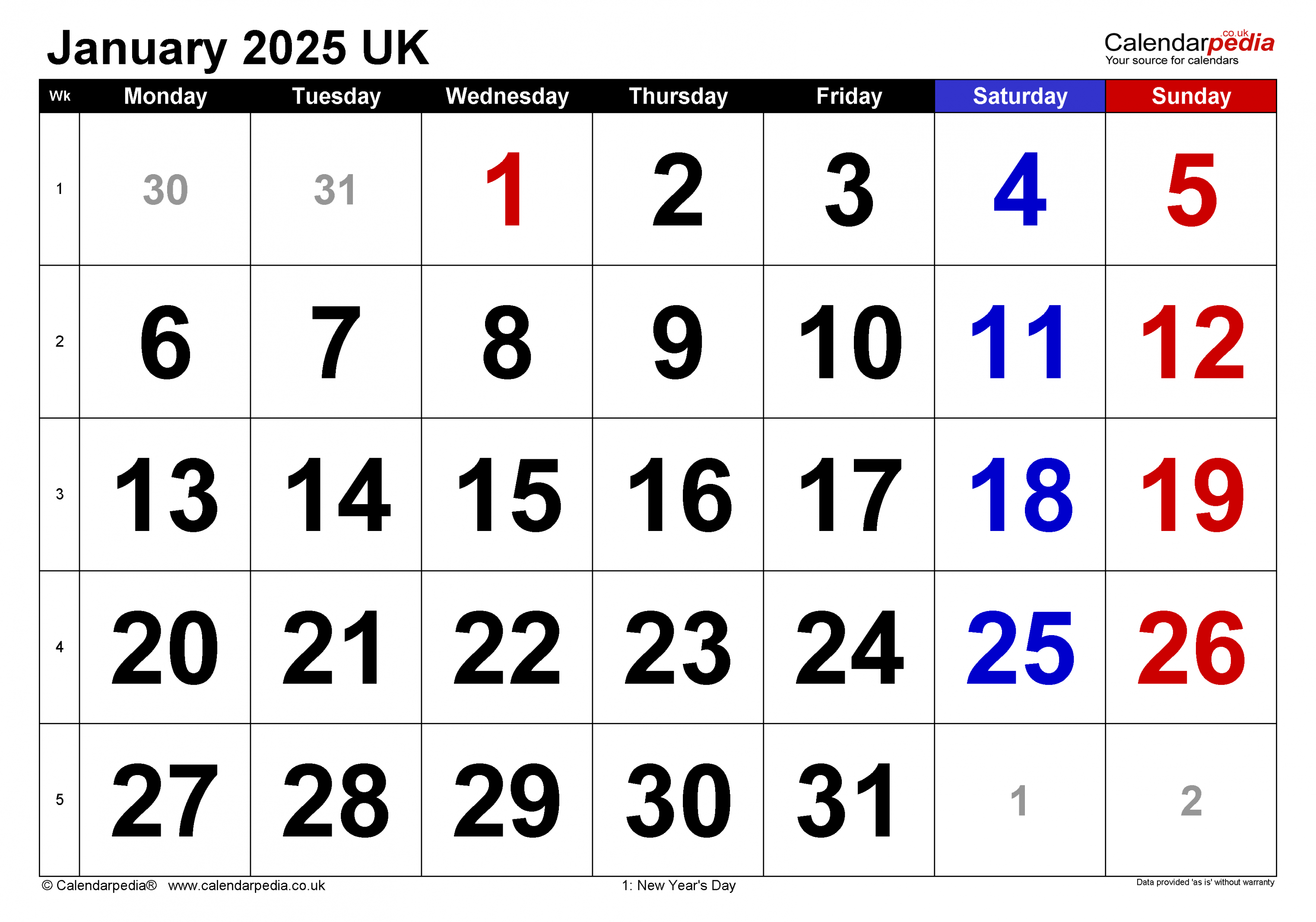 Calendar January  UK with Excel, Word and PDF templates