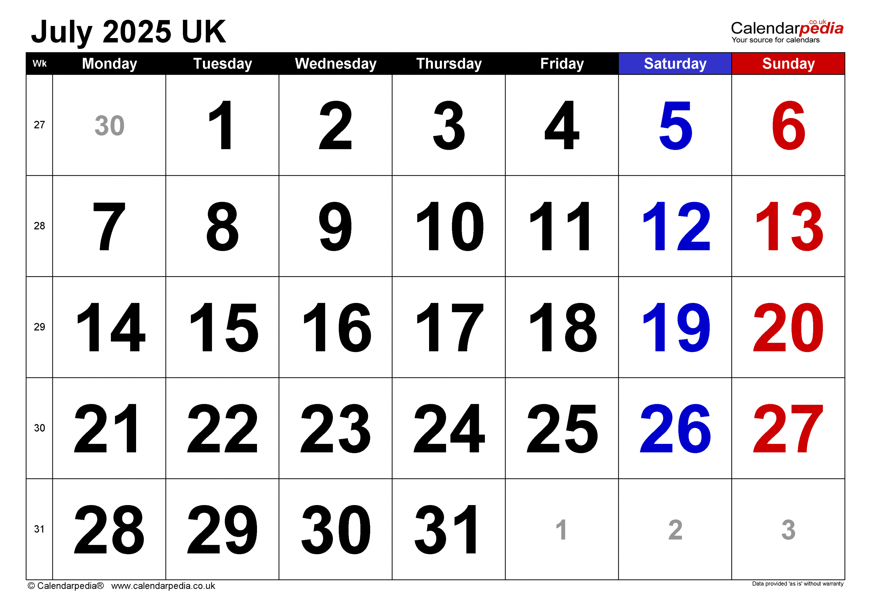 Calendar July  UK with Excel, Word and PDF templates