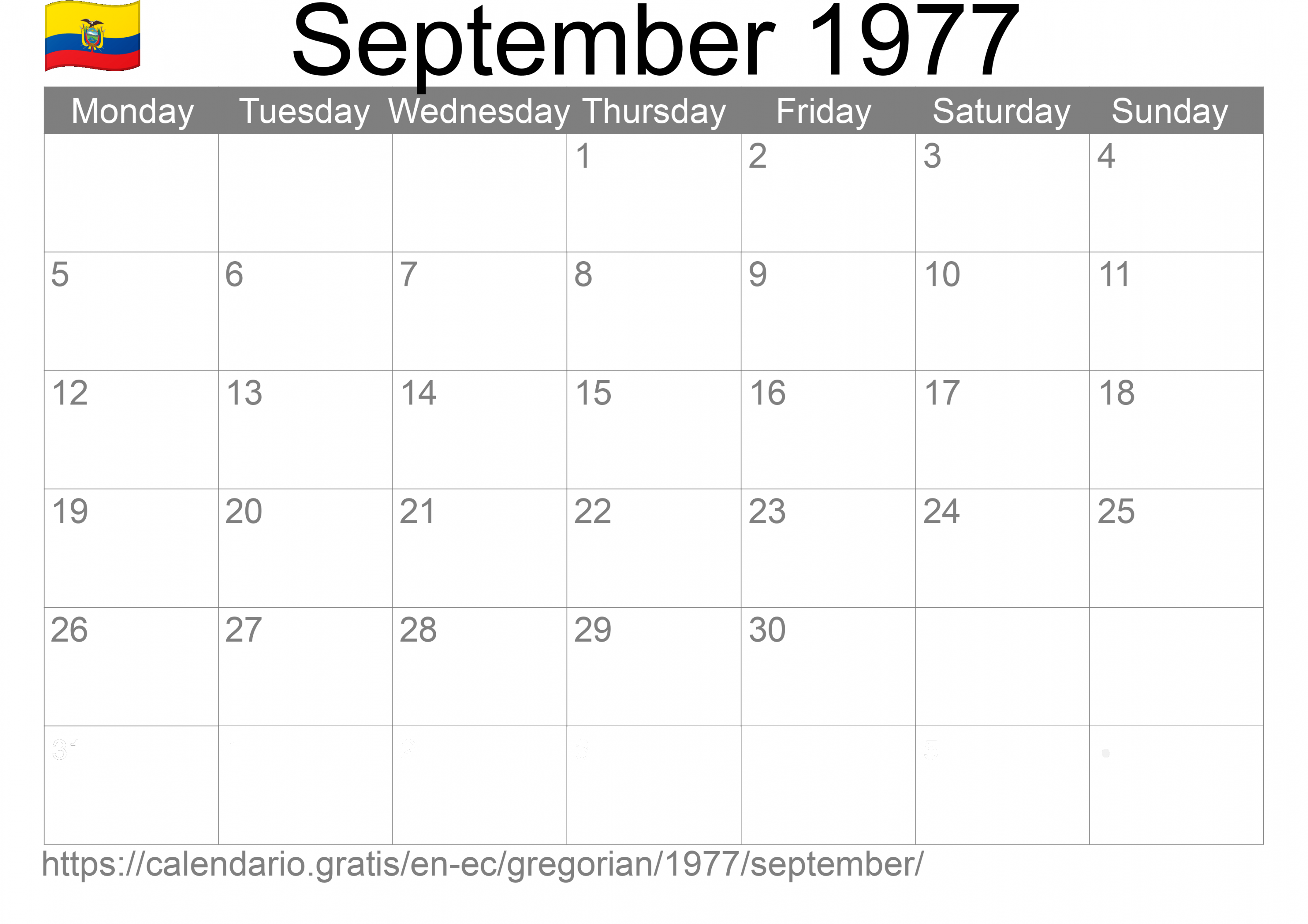 Calendar September  from Ecuador in English: Holidays and moon