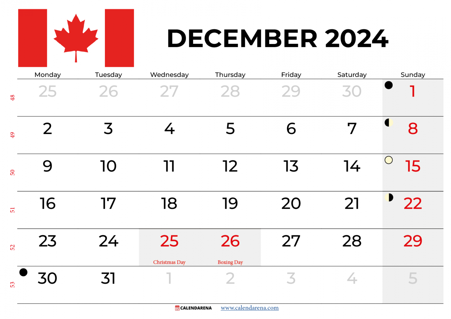 December  Calendar Canada Printable