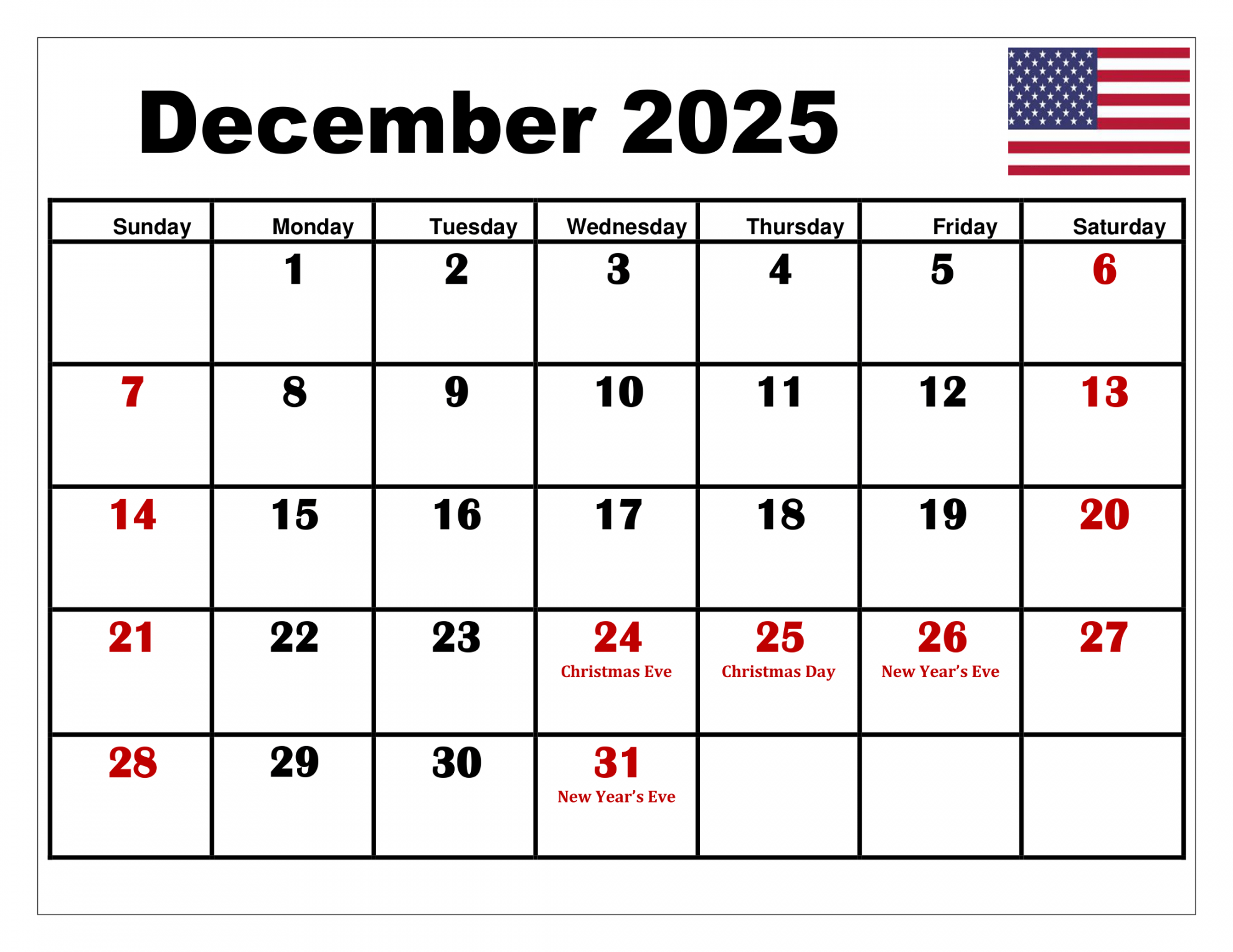 December  Calendar Printable PDF Template with Holidays