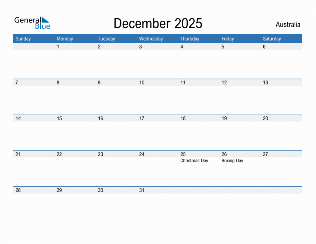 December  Monthly Calendar with Australia Holidays