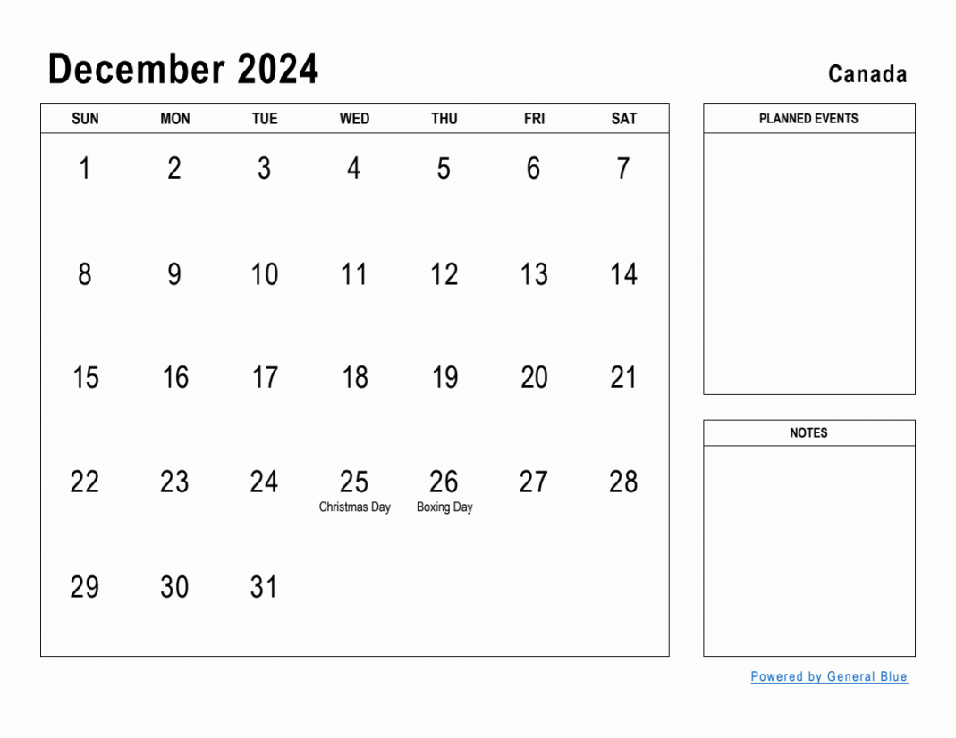 December  Planner with Canada Holidays