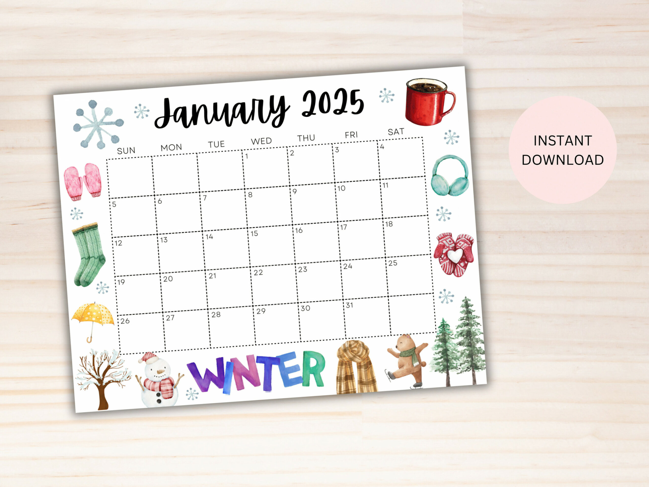 Editable January Calendar , Printable Calendar , Cute