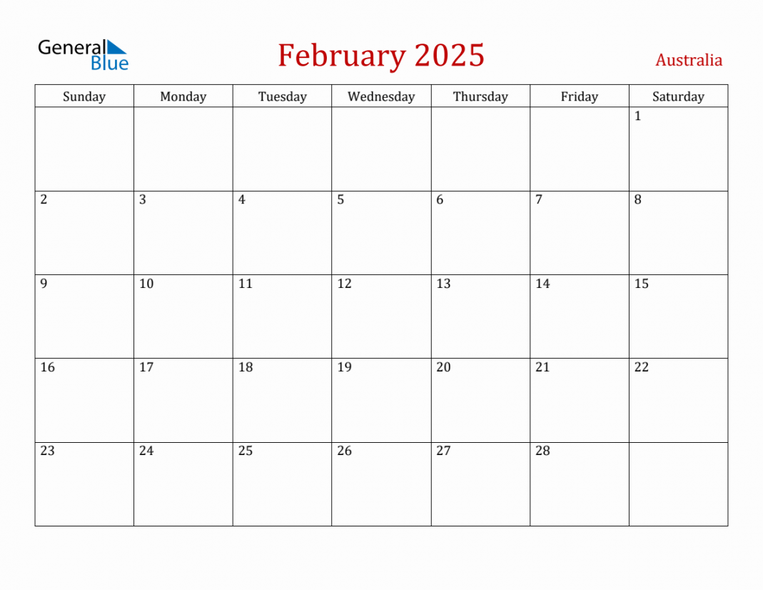 February  Australia Monthly Calendar with Holidays