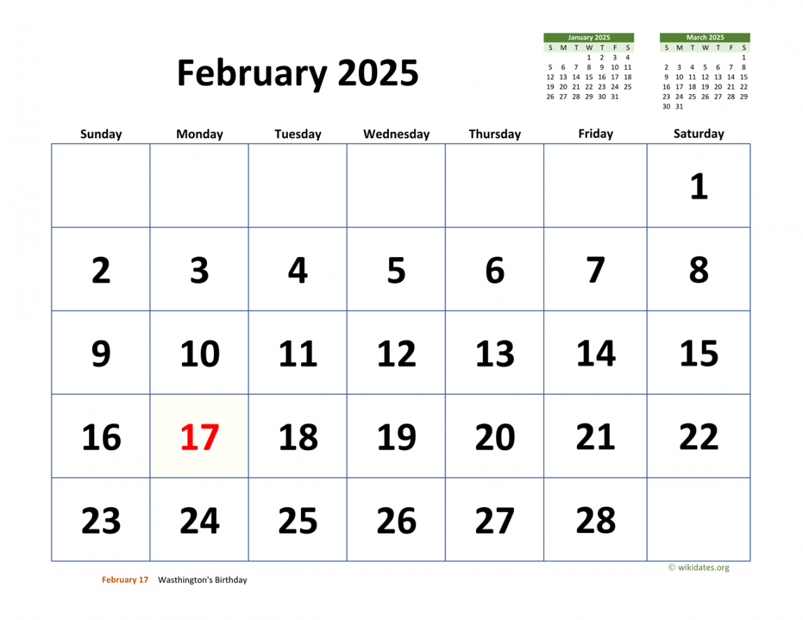 February  Calendar with Extra-large Dates  WikiDates