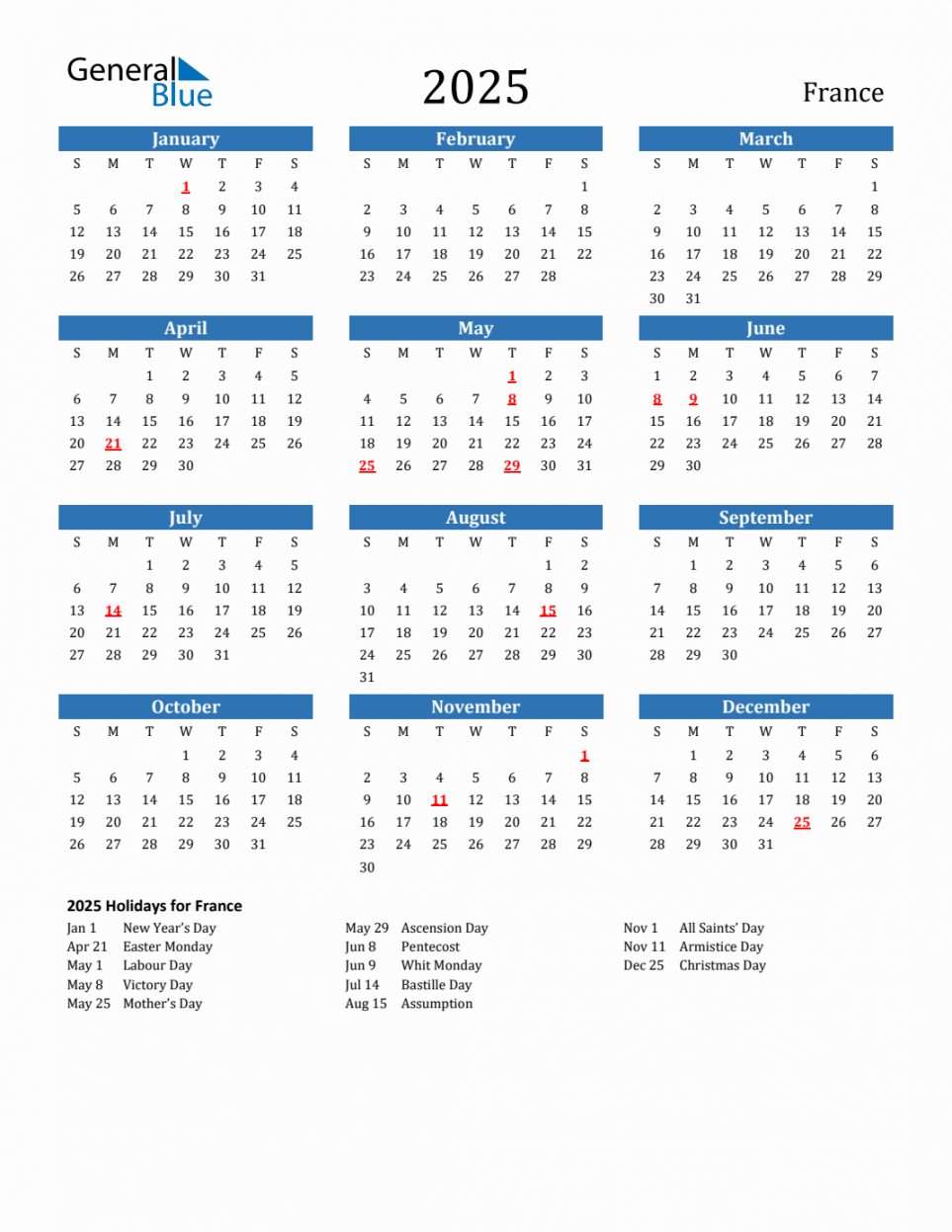 France Calendar with Holidays