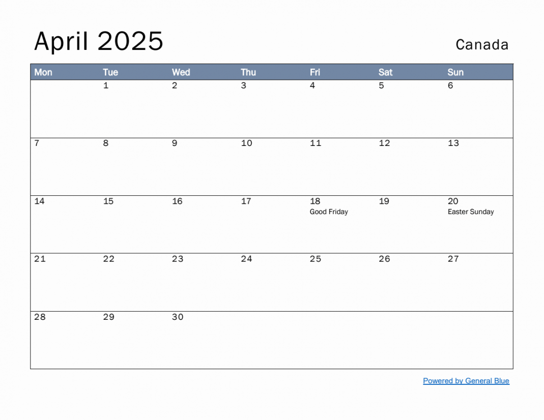 Free Monthly Calendar Template for April  with Canada Holidays