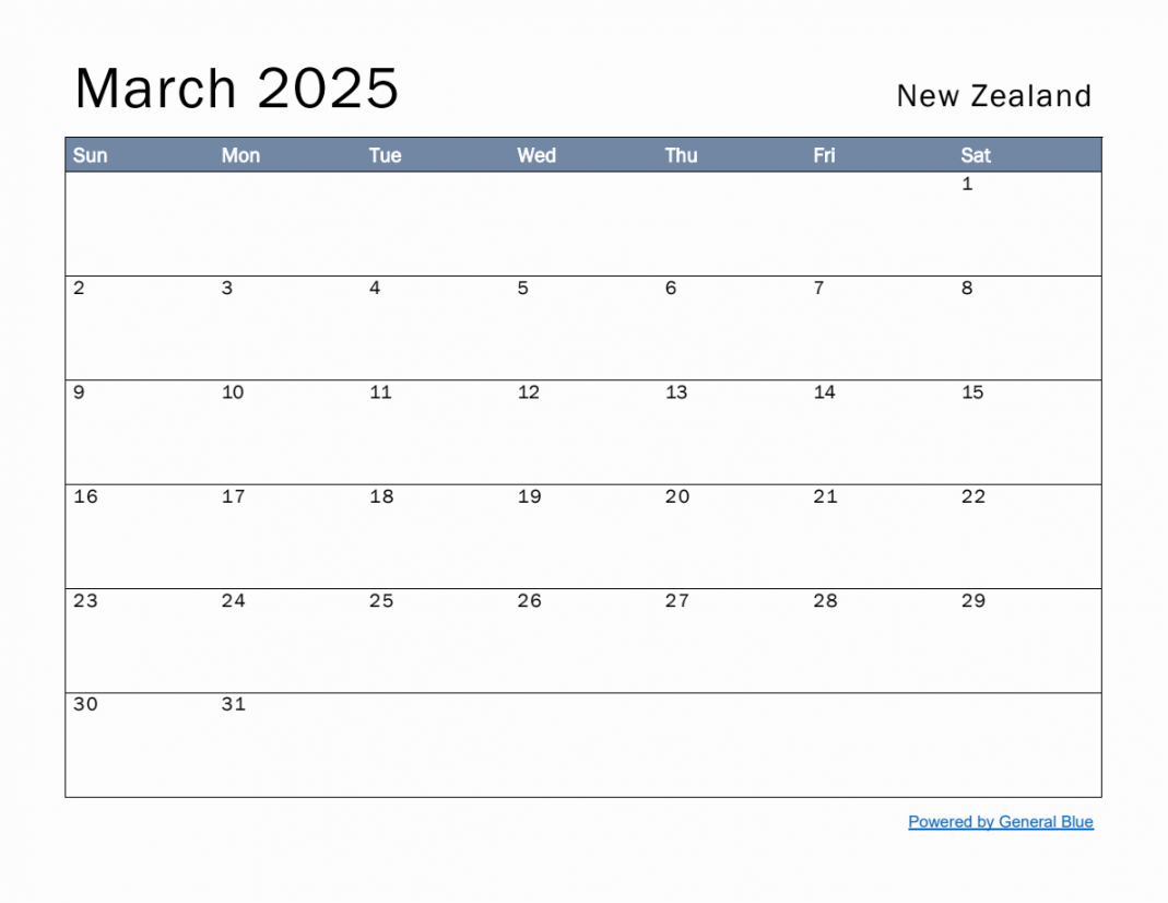 Free Monthly Calendar Template for March  with New Zealand