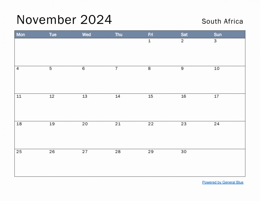 Free Monthly Calendar Template for November  with South Africa