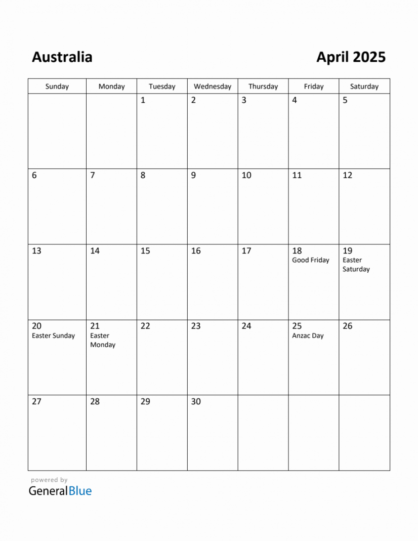 Free Printable April  Calendar for Australia