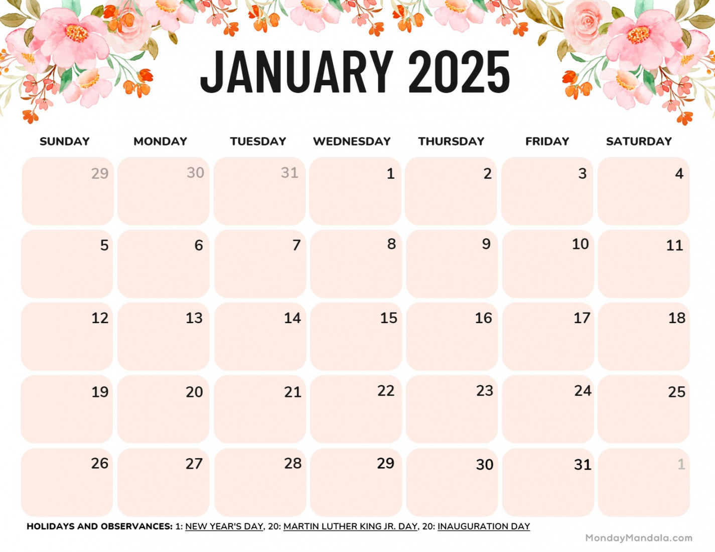 January  Calendar ( Free PDF Printables)