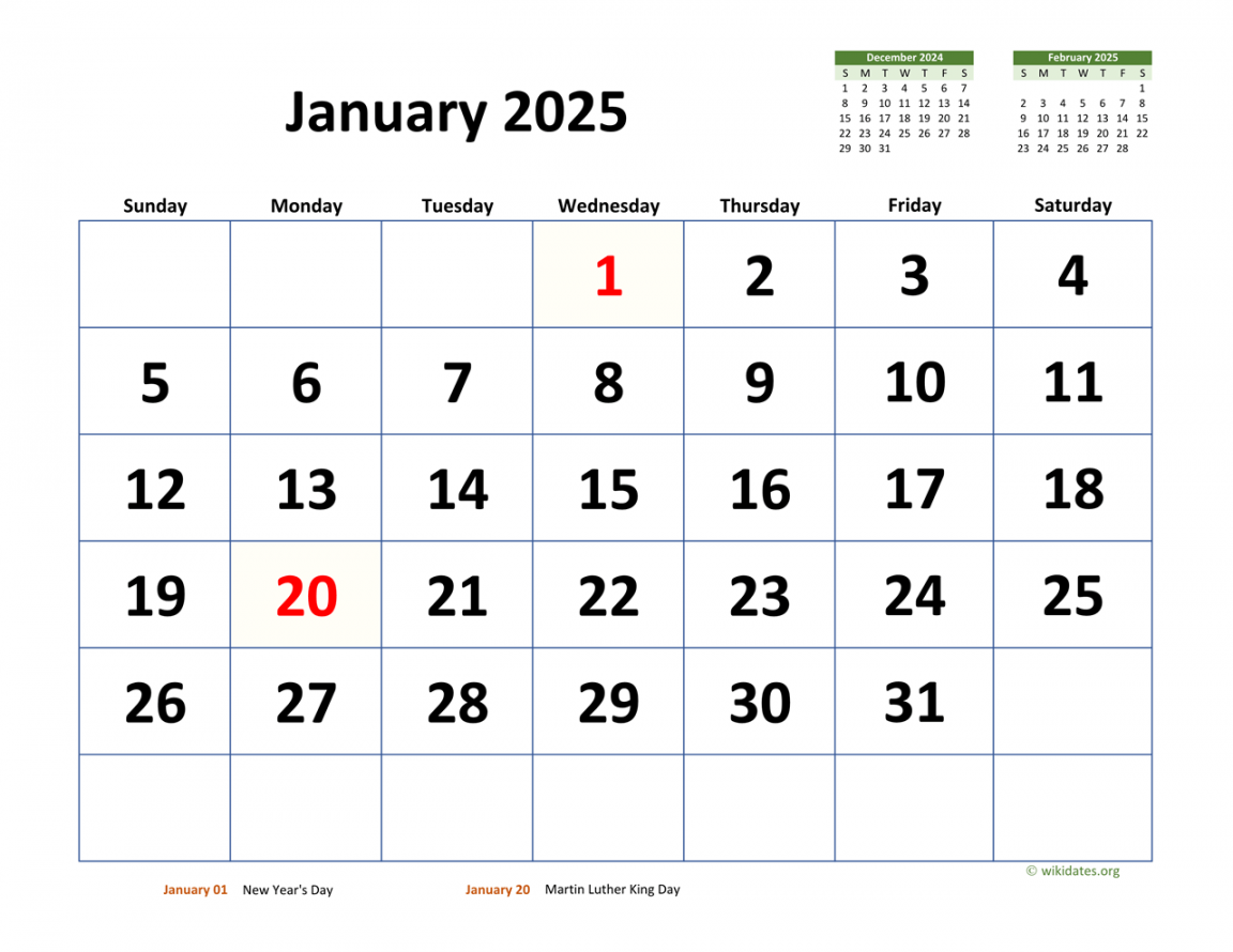 January  Calendar with Extra-large Dates  WikiDates