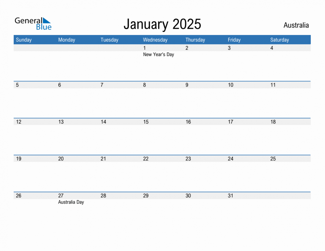 January  Monthly Calendar with Australia Holidays